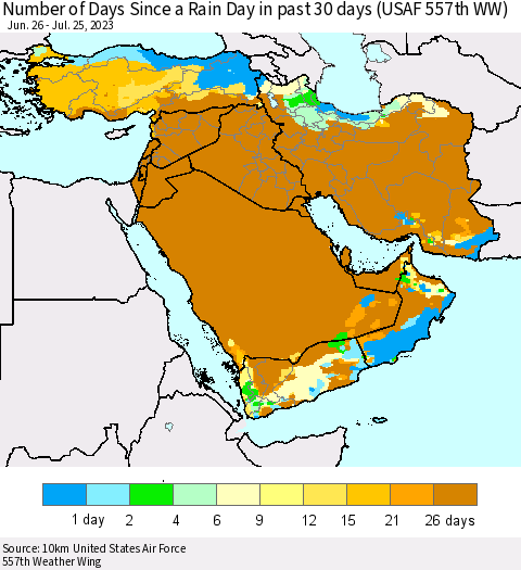 Middle East and Turkey Number of Days Since a Rain Day in past 30 days (USAF 557th WW) Thematic Map For 7/21/2023 - 7/25/2023