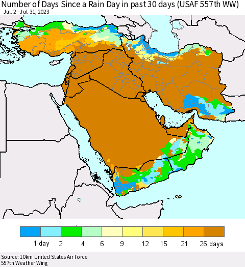 Middle East and Turkey Number of Days Since a Rain Day in past 30 days (USAF 557th WW) Thematic Map For 7/26/2023 - 7/31/2023