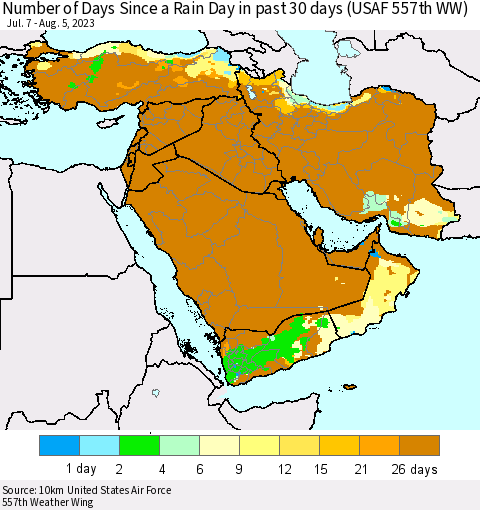 Middle East and Turkey Number of Days Since a Rain Day in past 30 days (USAF 557th WW) Thematic Map For 8/1/2023 - 8/5/2023