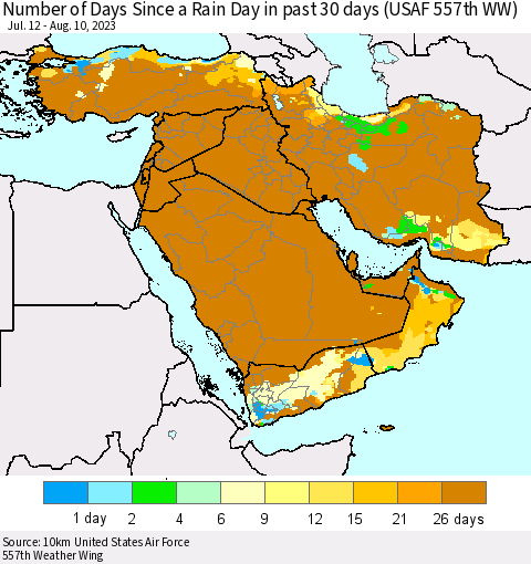 Middle East and Turkey Number of Days Since a Rain Day in past 30 days (USAF 557th WW) Thematic Map For 8/6/2023 - 8/10/2023