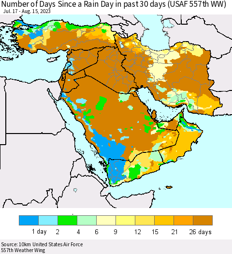 Middle East and Turkey Number of Days Since a Rain Day in past 30 days (USAF 557th WW) Thematic Map For 8/11/2023 - 8/15/2023