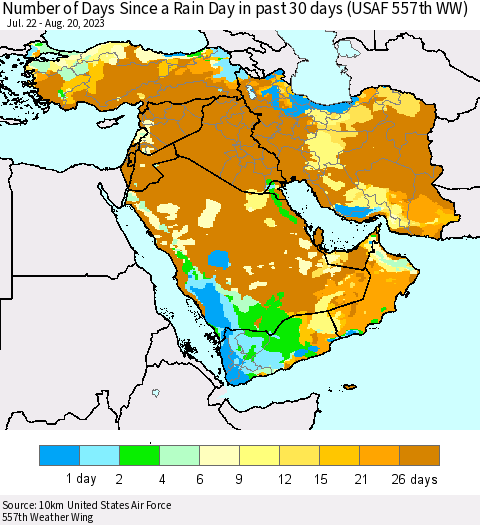 Middle East and Turkey Number of Days Since a Rain Day in past 30 days (USAF 557th WW) Thematic Map For 8/16/2023 - 8/20/2023