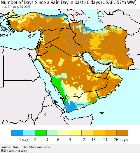 Middle East and Turkey Number of Days Since a Rain Day in past 30 days (USAF 557th WW) Thematic Map For 8/21/2023 - 8/25/2023