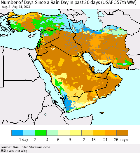 Middle East and Turkey Number of Days Since a Rain Day in past 30 days (USAF 557th WW) Thematic Map For 8/26/2023 - 8/31/2023