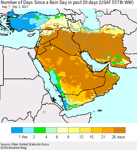 Middle East and Turkey Number of Days Since a Rain Day in past 30 days (USAF 557th WW) Thematic Map For 9/1/2023 - 9/5/2023
