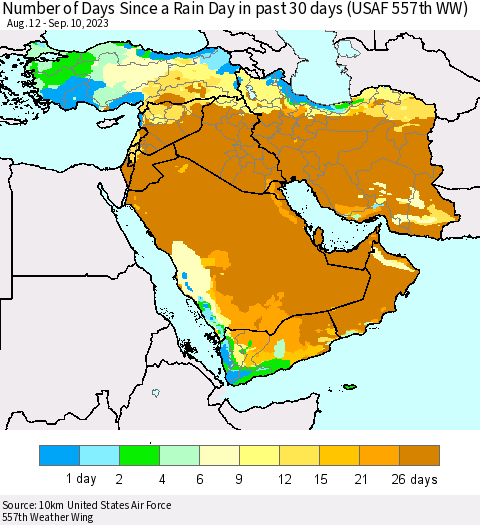 Middle East and Turkey Number of Days Since a Rain Day in past 30 days (USAF 557th WW) Thematic Map For 9/6/2023 - 9/10/2023