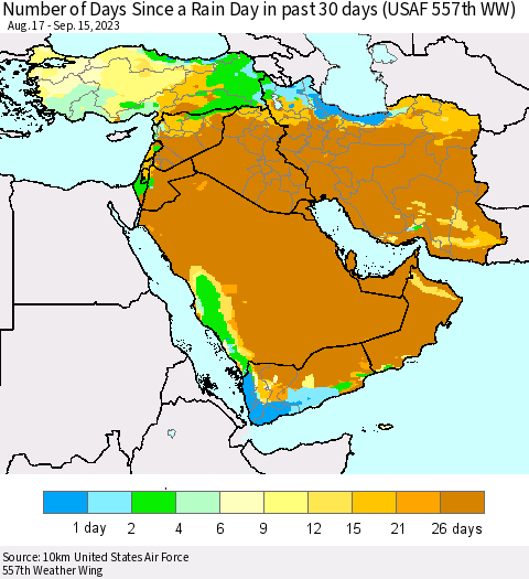 Middle East and Turkey Number of Days Since a Rain Day in past 30 days (USAF 557th WW) Thematic Map For 9/11/2023 - 9/15/2023