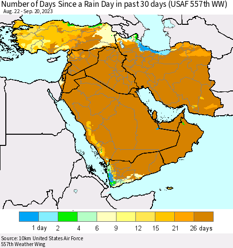 Middle East and Turkey Number of Days Since a Rain Day in past 30 days (USAF 557th WW) Thematic Map For 9/16/2023 - 9/20/2023