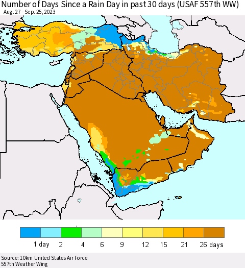 Middle East and Turkey Number of Days Since a Rain Day in past 30 days (USAF 557th WW) Thematic Map For 9/21/2023 - 9/25/2023