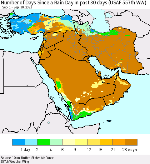 Middle East and Turkey Number of Days Since a Rain Day in past 30 days (USAF 557th WW) Thematic Map For 9/26/2023 - 9/30/2023