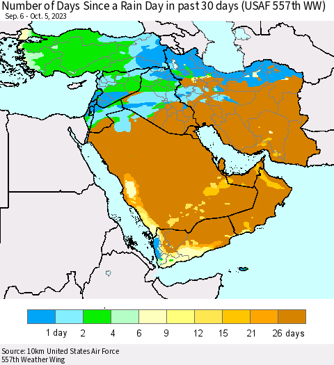 Middle East and Turkey Number of Days Since a Rain Day in past 30 days (USAF 557th WW) Thematic Map For 10/1/2023 - 10/5/2023