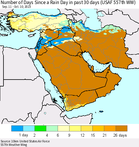 Middle East and Turkey Number of Days Since a Rain Day in past 30 days (USAF 557th WW) Thematic Map For 10/6/2023 - 10/10/2023
