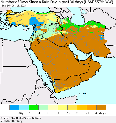 Middle East and Turkey Number of Days Since a Rain Day in past 30 days (USAF 557th WW) Thematic Map For 10/11/2023 - 10/15/2023