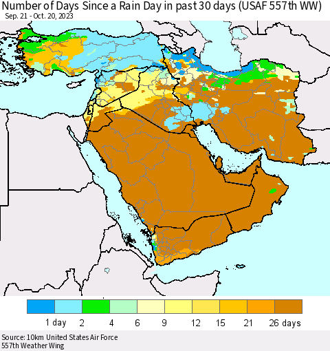 Middle East and Turkey Number of Days Since a Rain Day in past 30 days (USAF 557th WW) Thematic Map For 10/16/2023 - 10/20/2023
