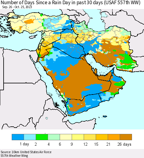 Middle East and Turkey Number of Days Since a Rain Day in past 30 days (USAF 557th WW) Thematic Map For 10/21/2023 - 10/25/2023