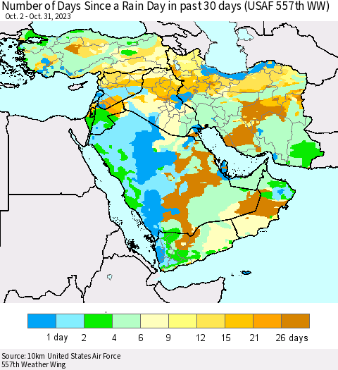 Middle East and Turkey Number of Days Since a Rain Day in past 30 days (USAF 557th WW) Thematic Map For 10/26/2023 - 10/31/2023