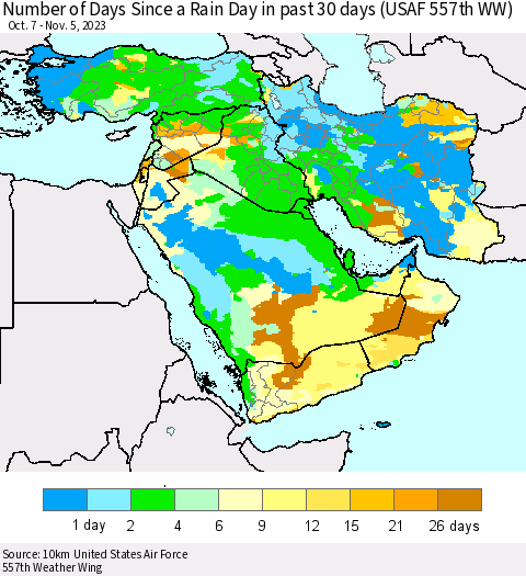Middle East and Turkey Number of Days Since a Rain Day in past 30 days (USAF 557th WW) Thematic Map For 11/1/2023 - 11/5/2023
