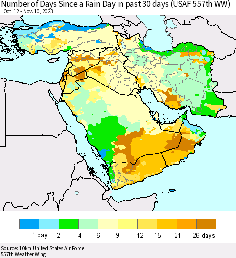 Middle East and Turkey Number of Days Since a Rain Day in past 30 days (USAF 557th WW) Thematic Map For 11/6/2023 - 11/10/2023