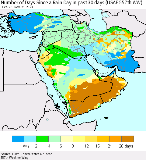 Middle East and Turkey Number of Days Since a Rain Day in past 30 days (USAF 557th WW) Thematic Map For 11/21/2023 - 11/25/2023