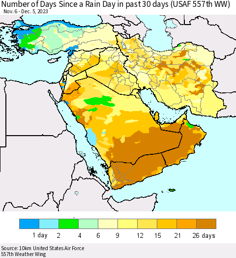 Middle East and Turkey Number of Days Since a Rain Day in past 30 days (USAF 557th WW) Thematic Map For 12/1/2023 - 12/5/2023