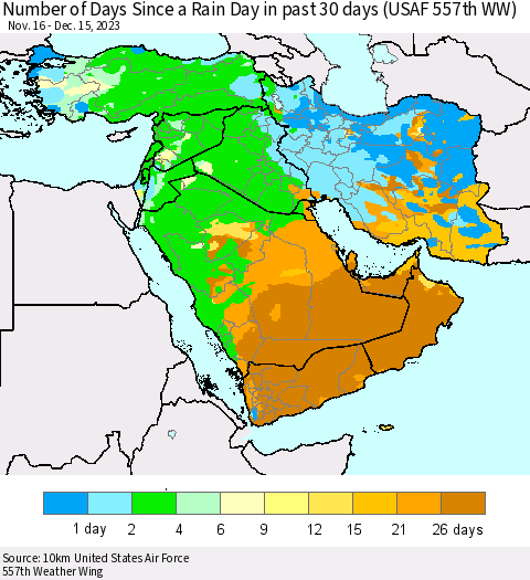 Middle East and Turkey Number of Days Since a Rain Day in past 30 days (USAF 557th WW) Thematic Map For 12/11/2023 - 12/15/2023