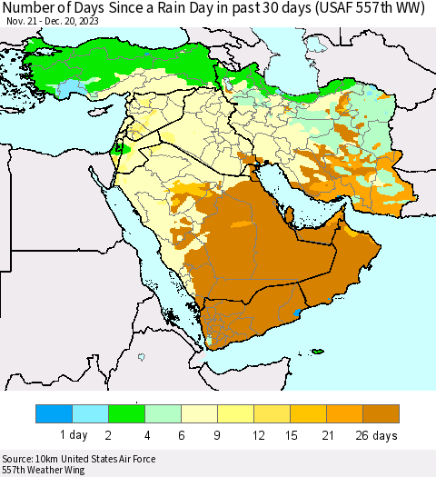 Middle East and Turkey Number of Days Since a Rain Day in past 30 days (USAF 557th WW) Thematic Map For 12/16/2023 - 12/20/2023