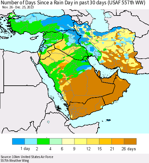 Middle East and Turkey Number of Days Since a Rain Day in past 30 days (USAF 557th WW) Thematic Map For 12/21/2023 - 12/25/2023