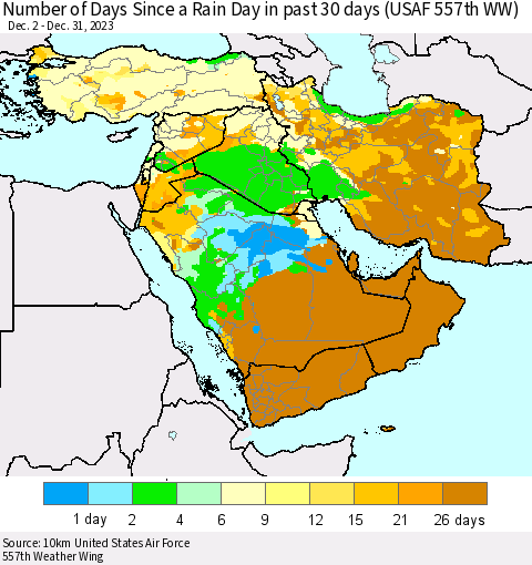 Middle East and Turkey Number of Days Since a Rain Day in past 30 days (USAF 557th WW) Thematic Map For 12/26/2023 - 12/31/2023