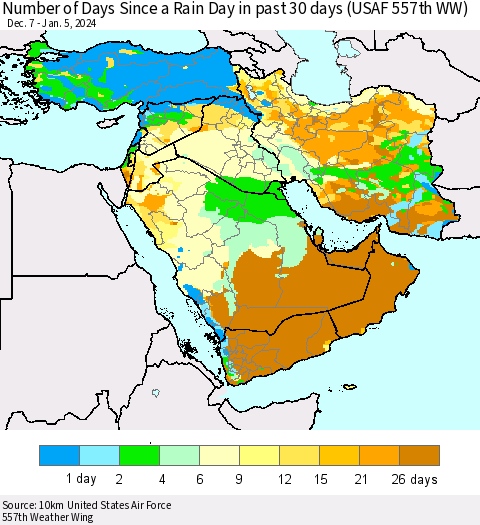 Middle East and Turkey Number of Days Since a Rain Day in past 30 days (USAF 557th WW) Thematic Map For 1/1/2024 - 1/5/2024