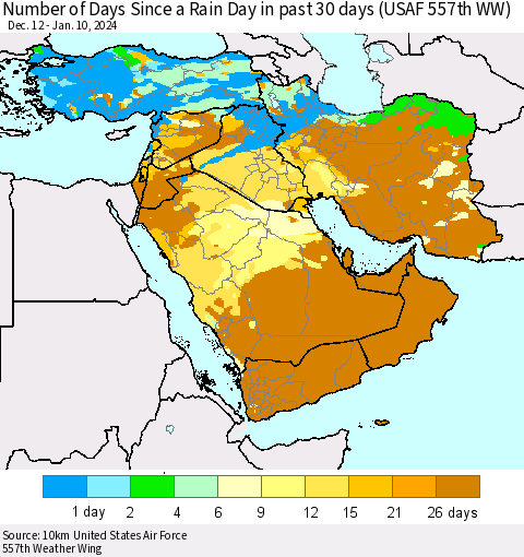 Middle East and Turkey Number of Days Since a Rain Day in past 30 days (USAF 557th WW) Thematic Map For 1/6/2024 - 1/10/2024