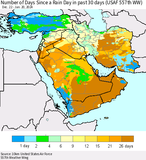 Middle East and Turkey Number of Days Since a Rain Day in past 30 days (USAF 557th WW) Thematic Map For 1/16/2024 - 1/20/2024