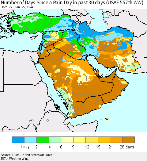 Middle East and Turkey Number of Days Since a Rain Day in past 30 days (USAF 557th WW) Thematic Map For 1/21/2024 - 1/25/2024