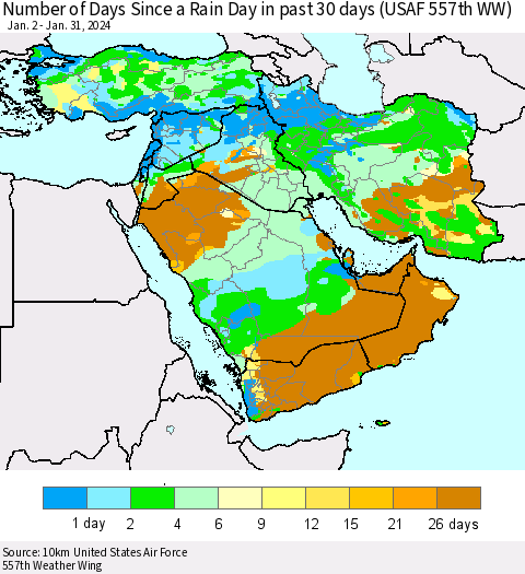 Middle East and Turkey Number of Days Since a Rain Day in past 30 days (USAF 557th WW) Thematic Map For 1/26/2024 - 1/31/2024
