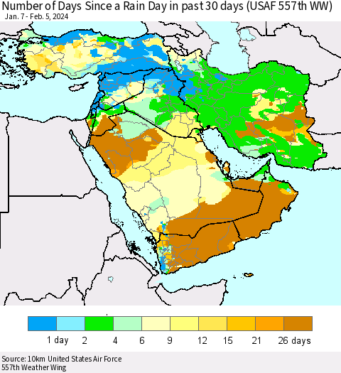 Middle East and Turkey Number of Days Since a Rain Day in past 30 days (USAF 557th WW) Thematic Map For 2/1/2024 - 2/5/2024