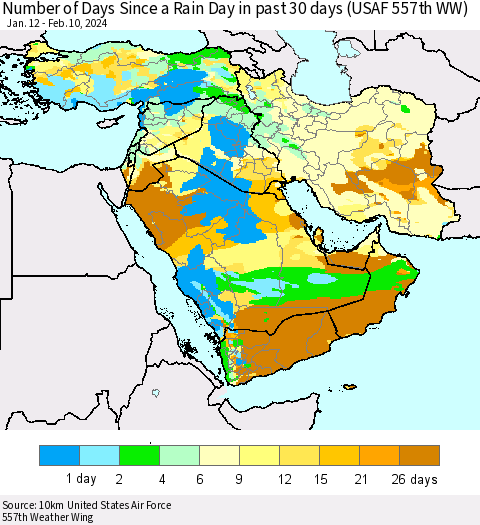 Middle East and Turkey Number of Days Since a Rain Day in past 30 days (USAF 557th WW) Thematic Map For 2/6/2024 - 2/10/2024