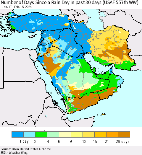 Middle East and Turkey Number of Days Since a Rain Day in past 30 days (USAF 557th WW) Thematic Map For 2/11/2024 - 2/15/2024