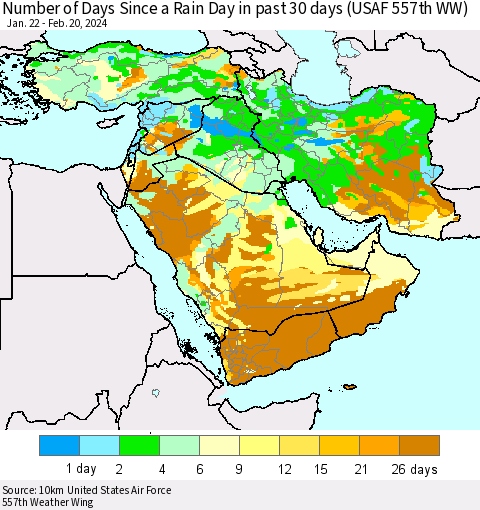 Middle East and Turkey Number of Days Since a Rain Day in past 30 days (USAF 557th WW) Thematic Map For 2/16/2024 - 2/20/2024