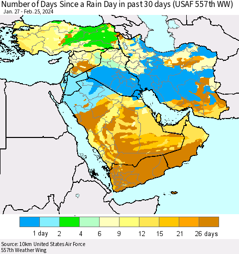 Middle East and Turkey Number of Days Since a Rain Day in past 30 days (USAF 557th WW) Thematic Map For 2/21/2024 - 2/25/2024