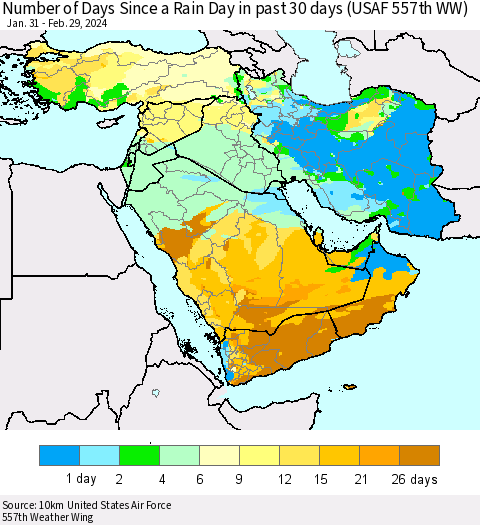Middle East and Turkey Number of Days Since a Rain Day in past 30 days (USAF 557th WW) Thematic Map For 2/26/2024 - 2/29/2024