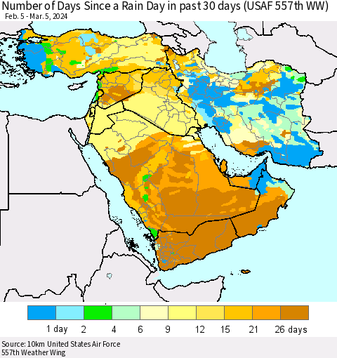 Middle East and Turkey Number of Days Since a Rain Day in past 30 days (USAF 557th WW) Thematic Map For 3/1/2024 - 3/5/2024