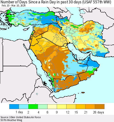 Middle East and Turkey Number of Days Since a Rain Day in past 30 days (USAF 557th WW) Thematic Map For 3/6/2024 - 3/10/2024