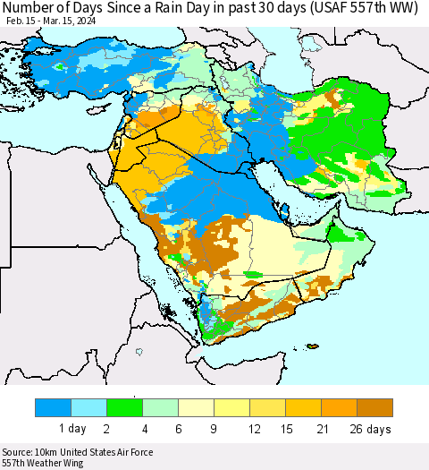Middle East and Turkey Number of Days Since a Rain Day in past 30 days (USAF 557th WW) Thematic Map For 3/11/2024 - 3/15/2024
