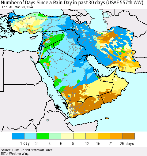 Middle East and Turkey Number of Days Since a Rain Day in past 30 days (USAF 557th WW) Thematic Map For 3/16/2024 - 3/20/2024