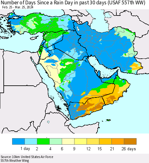Middle East and Turkey Number of Days Since a Rain Day in past 30 days (USAF 557th WW) Thematic Map For 3/21/2024 - 3/25/2024