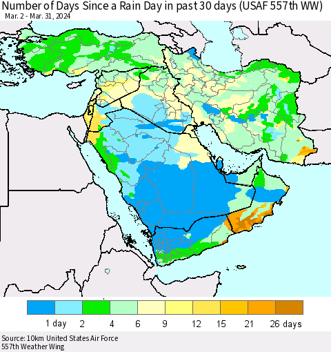 Middle East and Turkey Number of Days Since a Rain Day in past 30 days (USAF 557th WW) Thematic Map For 3/26/2024 - 3/31/2024