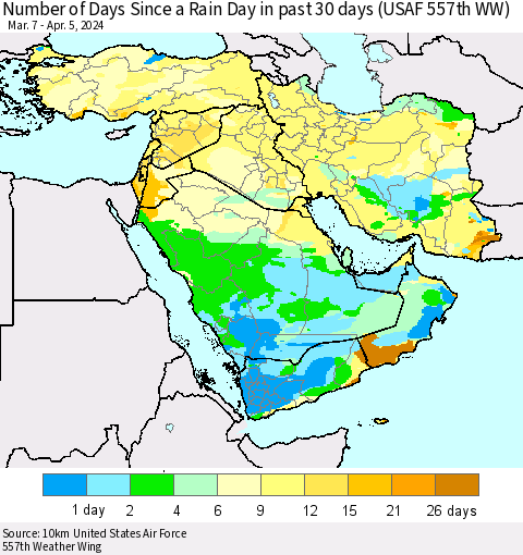 Middle East and Turkey Number of Days Since a Rain Day in past 30 days (USAF 557th WW) Thematic Map For 4/1/2024 - 4/5/2024