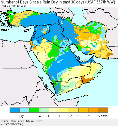 Middle East and Turkey Number of Days Since a Rain Day in past 30 days (USAF 557th WW) Thematic Map For 4/6/2024 - 4/10/2024