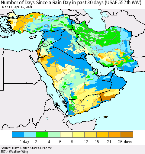 Middle East and Turkey Number of Days Since a Rain Day in past 30 days (USAF 557th WW) Thematic Map For 4/11/2024 - 4/15/2024