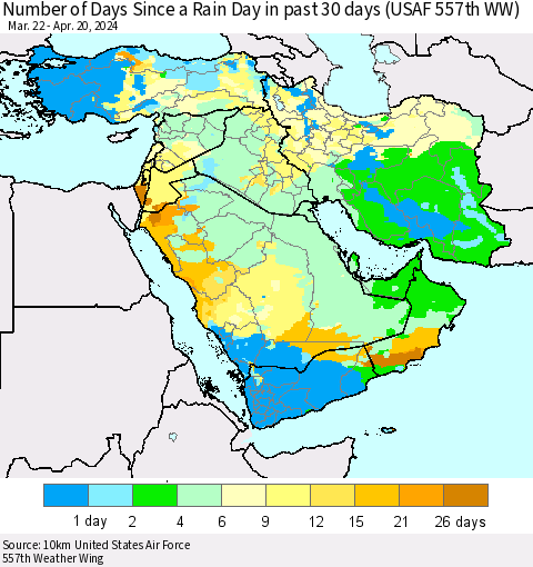 Middle East and Turkey Number of Days Since a Rain Day in past 30 days (USAF 557th WW) Thematic Map For 4/16/2024 - 4/20/2024