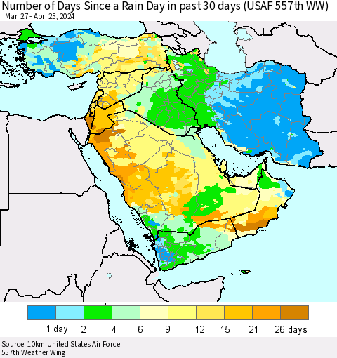 Middle East and Turkey Number of Days Since a Rain Day in past 30 days (USAF 557th WW) Thematic Map For 4/21/2024 - 4/25/2024